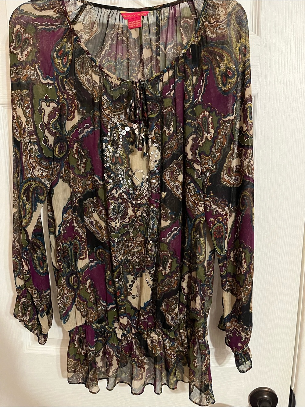 Sheer Paisley Sequin Peasant Blouse - Multicolor